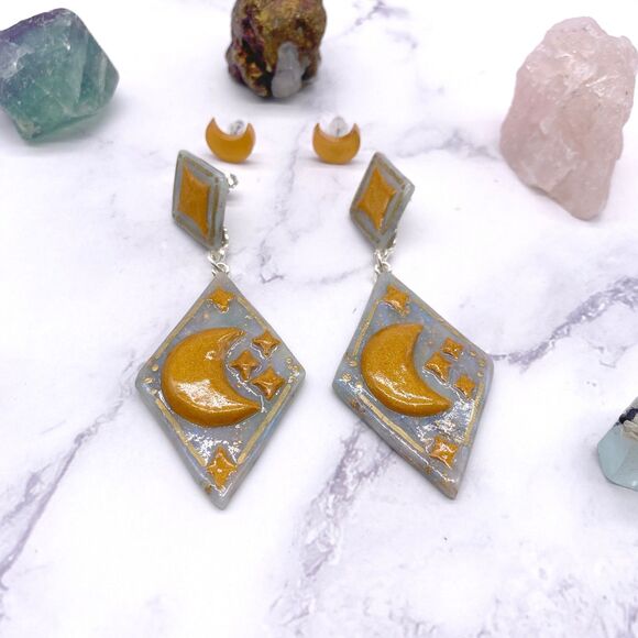 Blue Celestial Moon Polymer Clay earrings - Picture 1 of 11